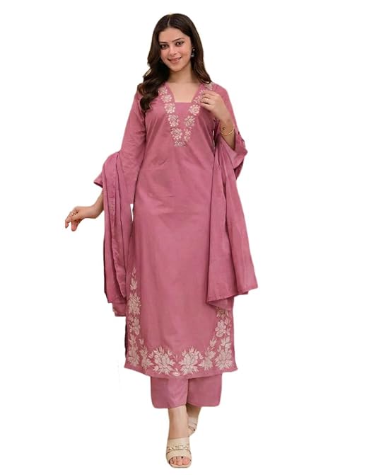 ANNI Designer Pure Cotton Embroidered Kurta Set for Women | Rust Orange Kurta with Pants & Dupatta | Floral Neck & Hem Embroidery | Cotton Kurta Set for Women | 10 Colour Options Available