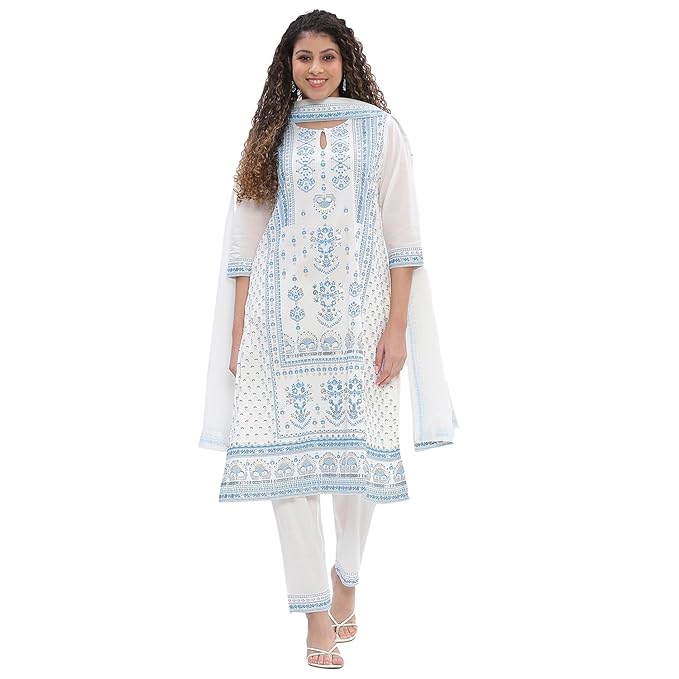 Biba Women 100% Cotton 3/4 Sleeve Round Neck Printed Kurta Set
