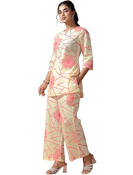 Pinkmint Women's Pure Cotton Co Ord Set l Kurta Sets for Women |Kurta Sets| Printed Kurta with Pant l Stylish Pocket & 3/4 Sleeve Women Co-ord Set (Avaiable in Plus size)