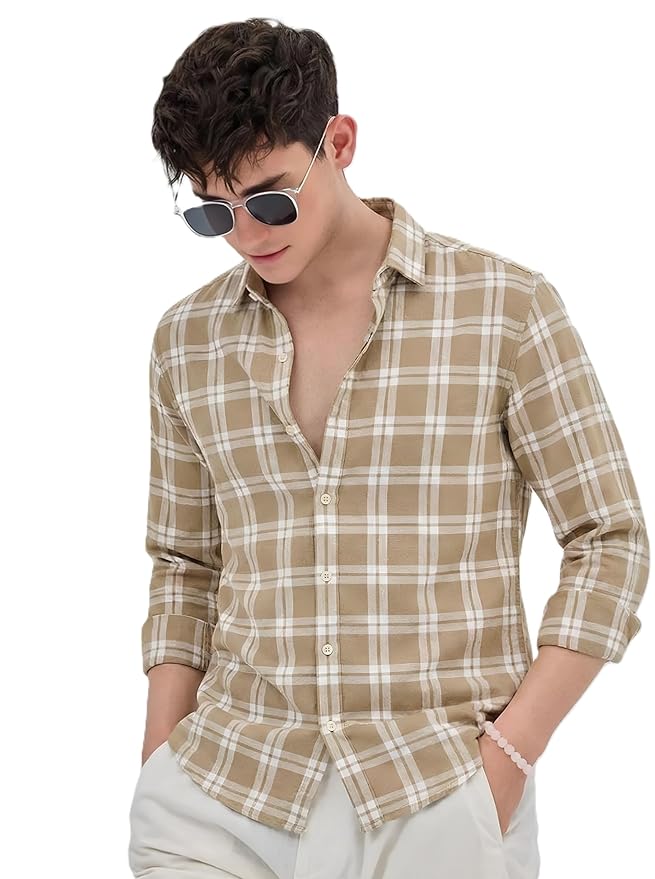 U TURN Men's Casual Plaid Button-Down Shirt, Khaki and White Checkerd Shirt Latest Stylish