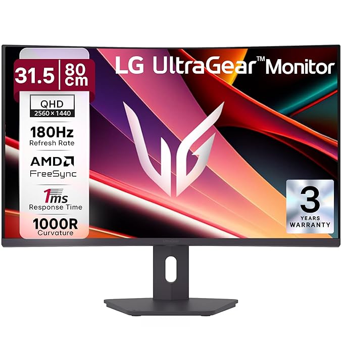 LG 32G600A 80cm (32 Inch) Ultragear Curved QHD (2560x1440) Gaming Monitor, 180Hz, 1ms(GtG), 3-Side Virtually Borderless, Anti-Glare, AMD FreeSync, DP, HDMI X 2, Tilt/Height/Swivel Adjustable (Black)