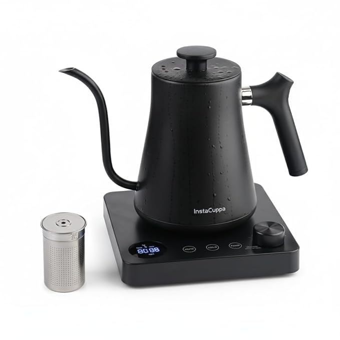 InstaCuppa Electric Gooseneck Kettle 1L | 40-100°C Temp Control | Built-in Timer | Stay Warm | Auto Shut-Off | 1200W Fast Heating | Stainless Steel Infuser | Matte Black – Perfect for Busy Moms