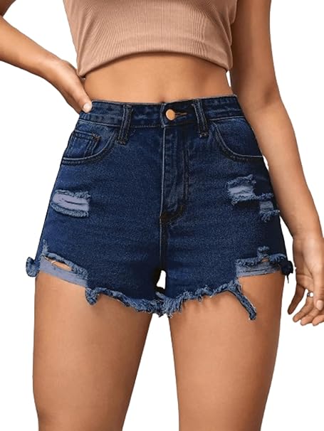 Aahwan Blue Solid High Waist Ripped Raw Trim Denim Shorts Casual Summer Shorts for Women's & Girls