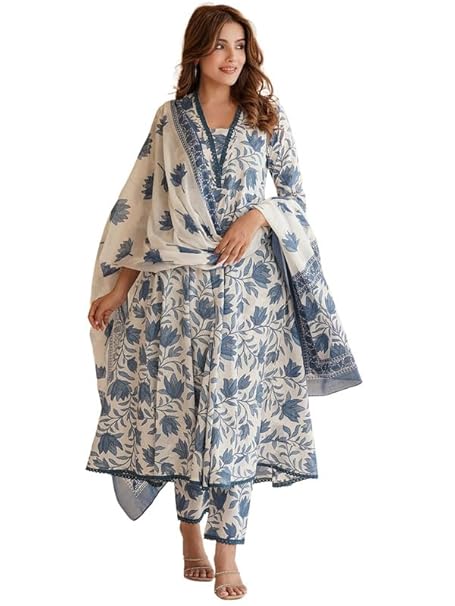 Pinkmint Women's Cotton Blend Off White Floral Printed Kurta with Pant & Dupatta l Stylish Festival wear (Pack of 1)