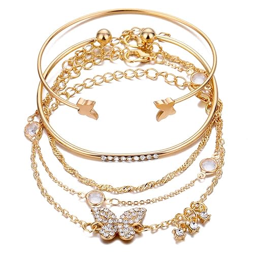 Shining Diva Fashion Set of 5 Stylish Multilayer Crystal Bangle Gold Plated Bracelet for Women and Girls (Golden) (13073b), One Size