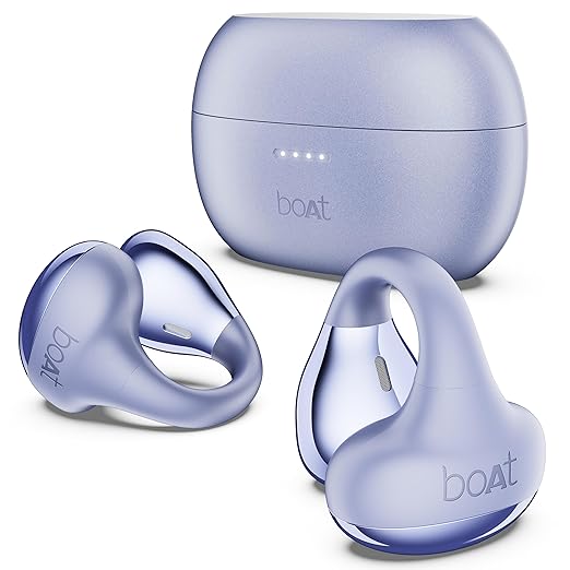 Boat Airdopes Loop Bluetooth in Ear Earbuds W/Clip-On Fit, Air Conduction Tech, 50HRS Battery, 4Mics Enx, Dual EQ Modes, 12Mm Drivers, 40Ms Latency,ASAP Charge,OWS Ear Buds Earphones(Lavender Mist)