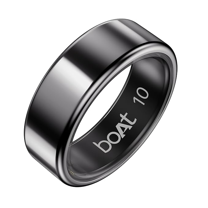 Boat SmartRing Active Plus, Auto HR, Sleep, SpO2, Stress & Skin Temperature Monitor, Stainless-Steel Build, 5 ATM, Weighs Only 5 gm, Portable Charging Case, smart Ring for Men (10, Midnight Black)