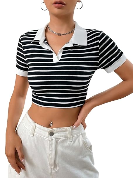 Aahwan White Striped Slim Fit Crop Polo Collar Short Sleeve T-Shirt for Women's & Girl's