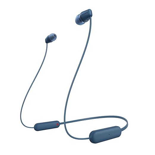 Sony WI-C100 Wireless Headphones with Customizable Equalizer for Deep Bass & 25 Hrs Battery, DSEE-Upscale, Splash Proof, 360RA, Fast Pair, in Ear Bluetooth Headset with Mic for Phone Calls (Blue)