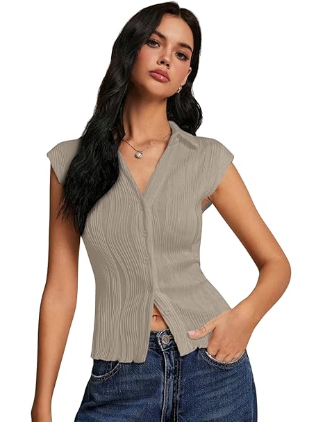 GRECIILOOKS Korean Tees for Women | Tops for Woman | Collared Casual Summer Tops for Women Western | Knitted Top Button-Up Short Sleeve Crop Top |Summer Stylish Texture Korean Knit Tee