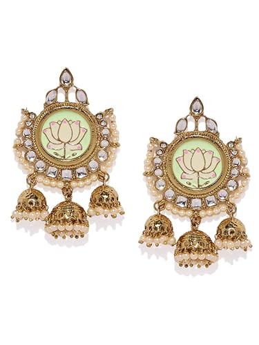 ZAVERI PEARLS Gold, Turquoise Green Enamelled Metal Gold Plated Lotus Design Dangling Jhumki Earring for Women - ZPFK9130