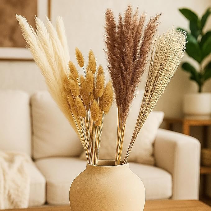 TIED RIBBONS Set of 100 Pcs Natural Dried Pampas Grass Contains Real Rabbit Bunny Tail Reed Pampas - Boho Bouquet Artificial Flowers for Table Vase, Party Wedding & Home Decoration (17 inch Length)