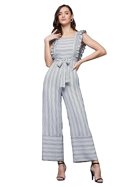 Miss Chase Women's Striped Square Neck Frilled Crepe Relaxed Fit Tie-Up Regular Jumpsuit with Pockets