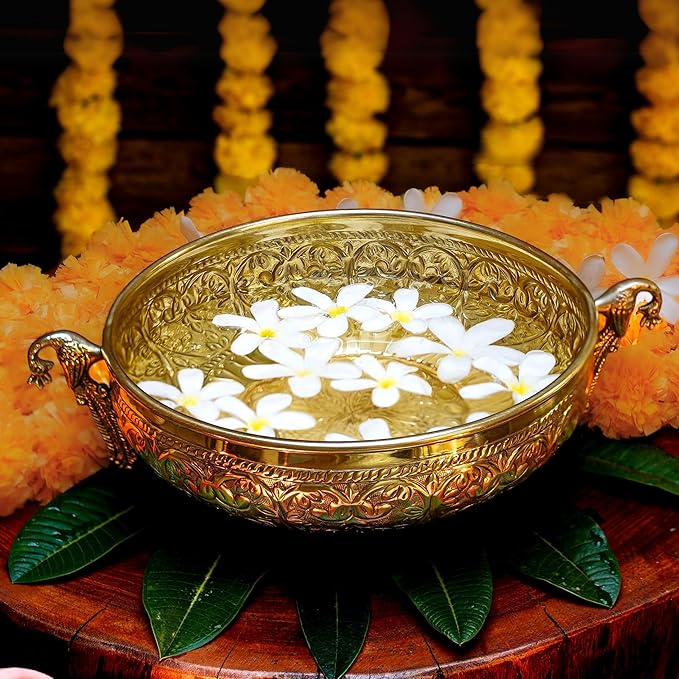 BEHOMA Ethnic Carved Peacock Design 9.5 Inch Brass Urli Bowl Golden Center Table Flower Decorative Bowl for Home Decor, Urali for Diwali, Durga Puja & Navratri Pooja Deepawali Decoration, 1 pc, 1000ML