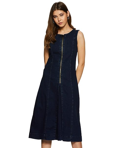 Amazon Brand - Symbol Women's A-line One Piece Midi Length Denim Dress