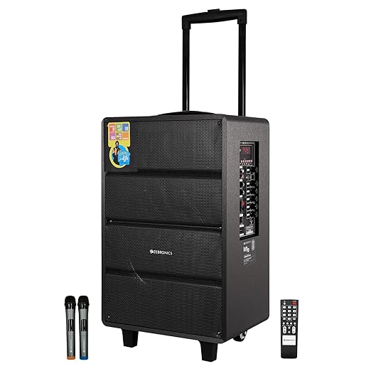 ZEBRONICS Banjo, 80 Watts RMS, Trolley Speaker with Bluetooth 4.2, LED Display & Wireless 2 Mics, USB, Msd, AUX Input, Mic in, FM Radio and Stylish Design, Black