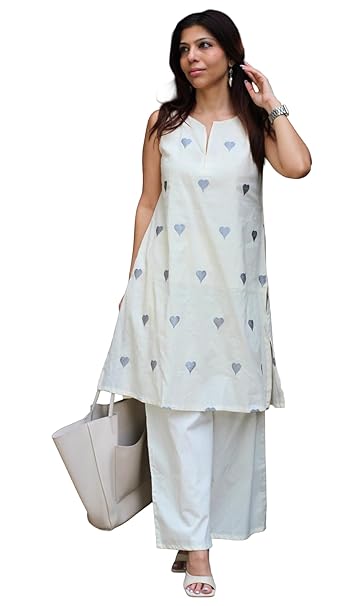 ANNI Designer Kurta Set for Women Cotton Blend Embroidered | Kurti Set for Woman | Farshi Salwar Suit Kurta Palazzo Outfit | Round Neck V Slit Sleeveless Regular Fit Ethnic Dress Stylish Clothing