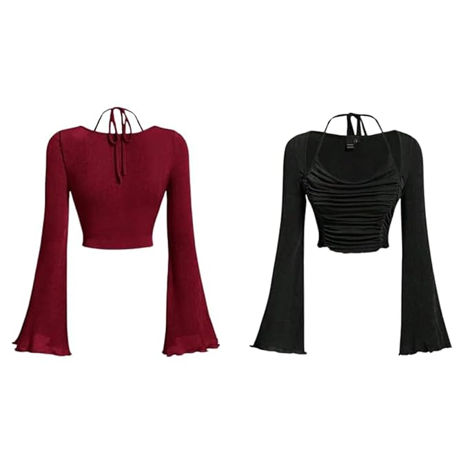 Solid Crop Top for Women | Women's Slim Fit Crop TOP | Flare Long Sleeves Ruched Tie Back Crop Tops Halter Neck Crop Tops (Pack of 2)