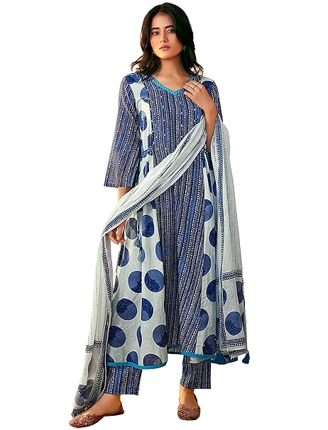 Pinkmint Women's Embroidery Chanderi Flower Pattern Neck Kurta & Stright Bottom with Organza Dupatta Parfect for Festive, Everyday Ethnic Wear