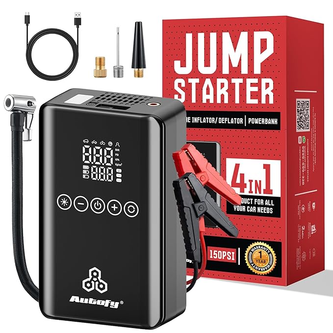 Autofy VoltX 4-in-1 Car Jump Starter - 150PSi Car Tyre Inflator Pump Deflator - Powerbank - LED Torch - 8000mAH Battery - for Cars (Up to 6000cc) - 22mm Cylinder Most Heavy Duty [2 Years WARRANT'Y]