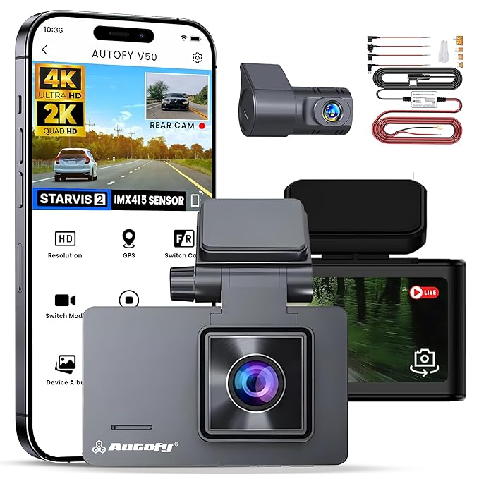 Autofy V50 Car Dash Camera 4K Ultra HD (8MP) Front 2K QHD (4MP) Rear STARVIS 2 IMX415 Sensor Dual Channel Super Capacitor Night Vision 24H Parking Monitor G-Sensor (Free Acc Kit & 24 Months Warranty)
