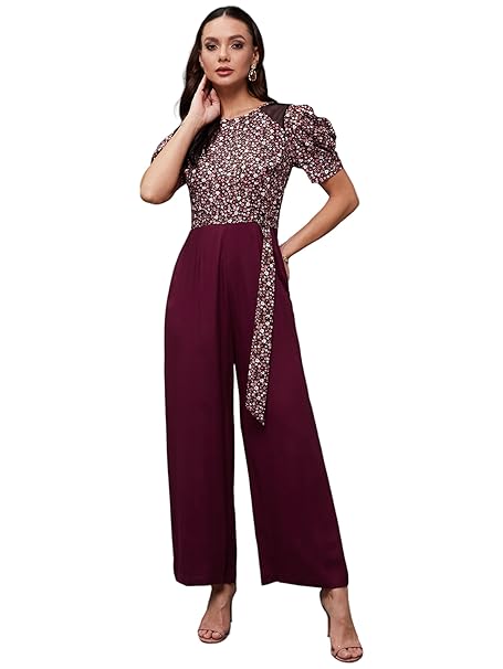 Miss Chase Women's Round Neck Cowl Sleeve Floral Wide Leg Jumpsuit with Pockets