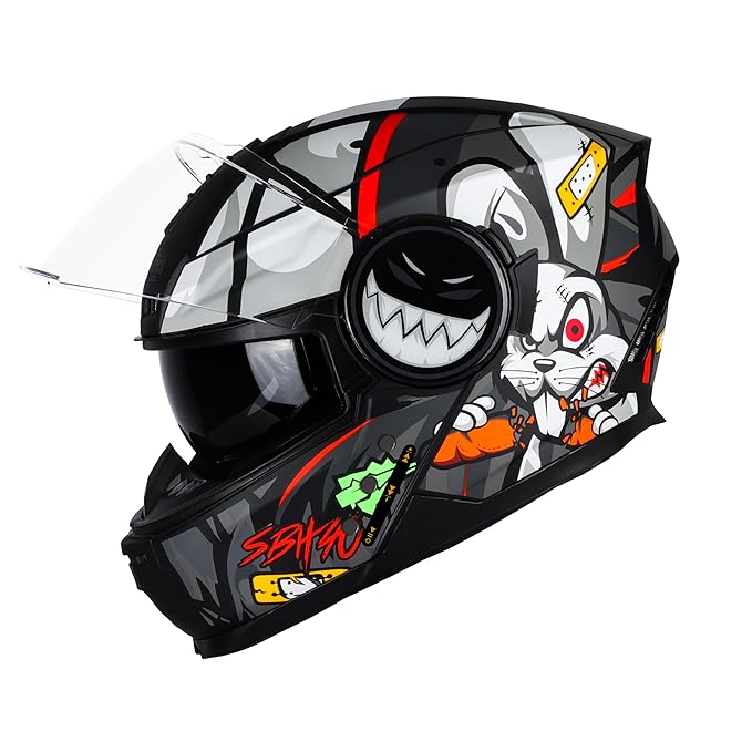 Steelbird Crazy Doe Bluetooth Full Face ISI Certified Motorcycling Helmet for Men with Inner Smoke Sun Shield | SBH-40 7Wings (Medium 580 MM, Glossy Black Grey)