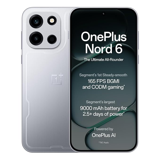OnePlus Nord 6 | 12GB+256GB | Quick Silver | Snapdragon 8s Gen 4 | Segment's First Stable 165FPS Gaming | Segment's Largest 9000mAh Battery | Most Complete IP Rating | Personalized AI