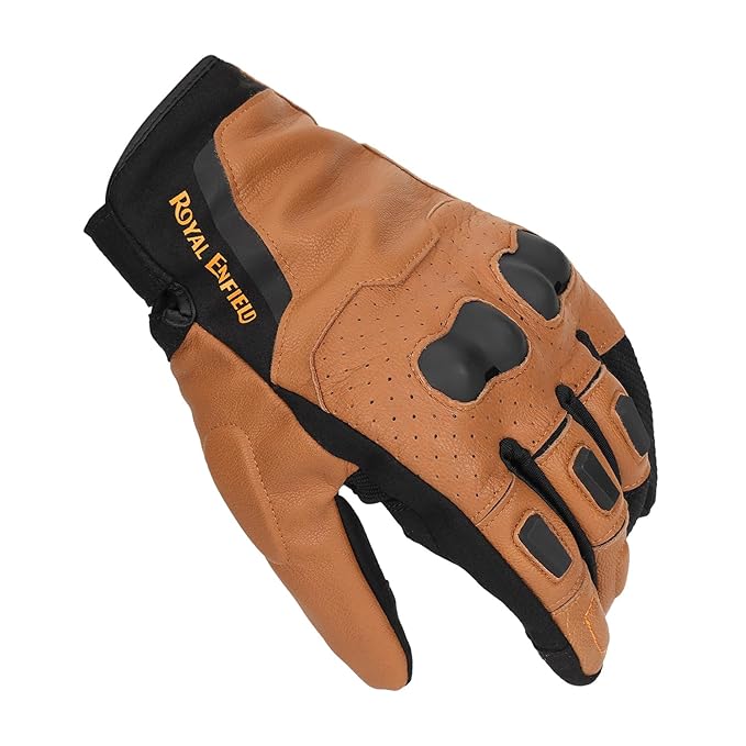 Royal Enfield PHOENIX GLOVES | Leather & Microsuede Hybrid | TPR Knuckle Protection | Perforated Ventilation | Touchscreen Ready | Reinforced Palm Grip | Neoprene Anti-Chafing Cuff TAN L