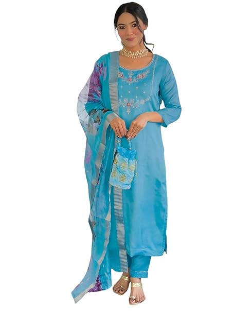 Naixa Women's Viscose Embroidered Straight Kurta with Pant and Dupatta Sets (Available in Plus Size) (NX-665)