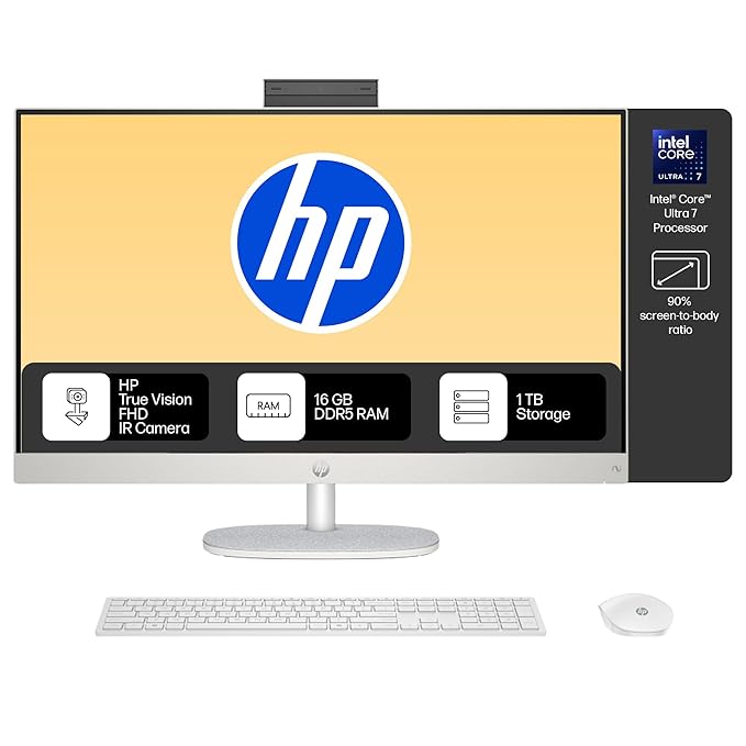 HP All-in-One, Intel Core Ultra 7 155U (16GB DDR5,1TB SSD) IPS, 300 nits, Anti-Glare, 27inch(68.6cm) FHD, Win11, M365, Office24, Shell White, 6.72kg, FHD IR tilt Camera w/Privacy shuttter, 27-cr1009in