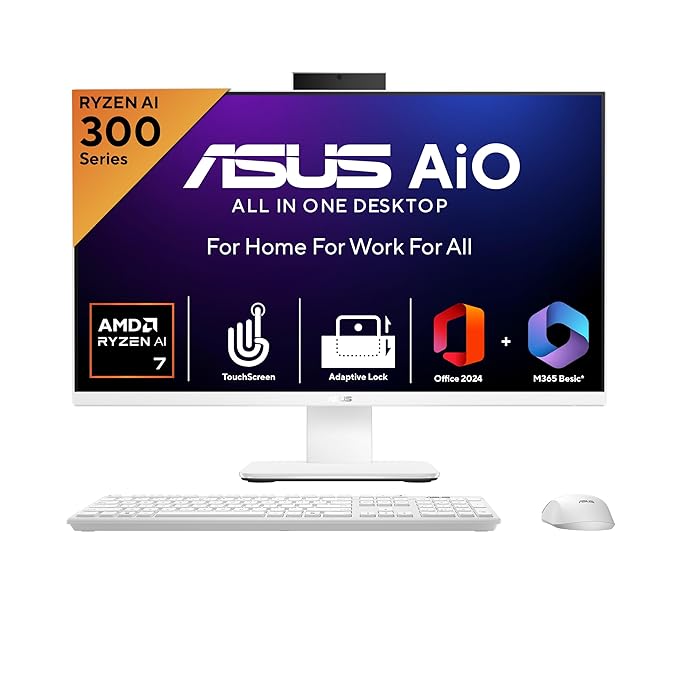 ASUS VM670 AiO, AMD Ryzen AI 7 350 Processor,NPU 50 TOPS, 16GB RAM, 1TB SSD, FHD, Touchscreen, 27", Windows 11 Home, M365 Basic(1yr)* Office24, White, 9 kg, VM670KA-WPF004WS,5M Camera,All in One AI PC
