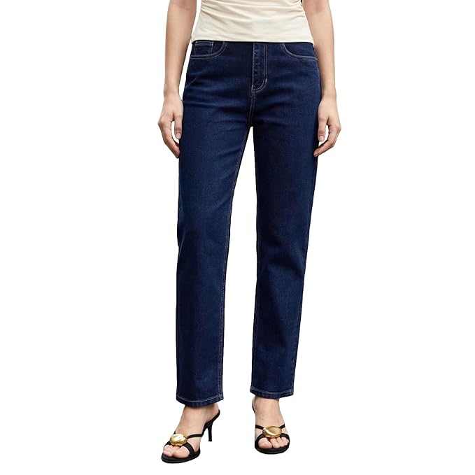 Urbano Fashion Women's High Rise Straight Fit Washed Jeans Non-Stretchable
