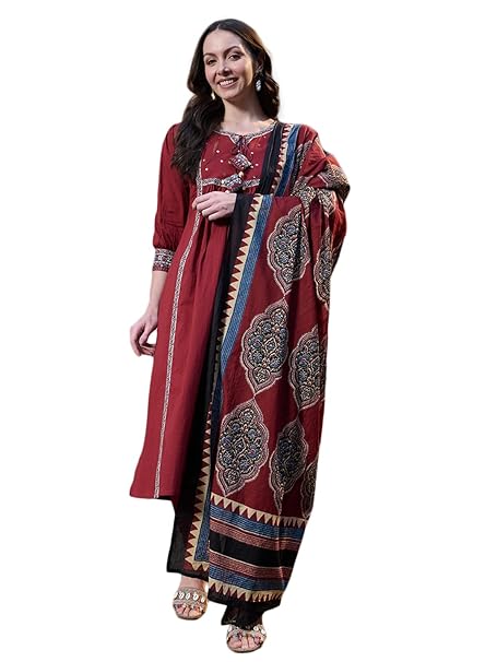 Stylum Women's Solid Cotton Kurta Pant Dupatta Set