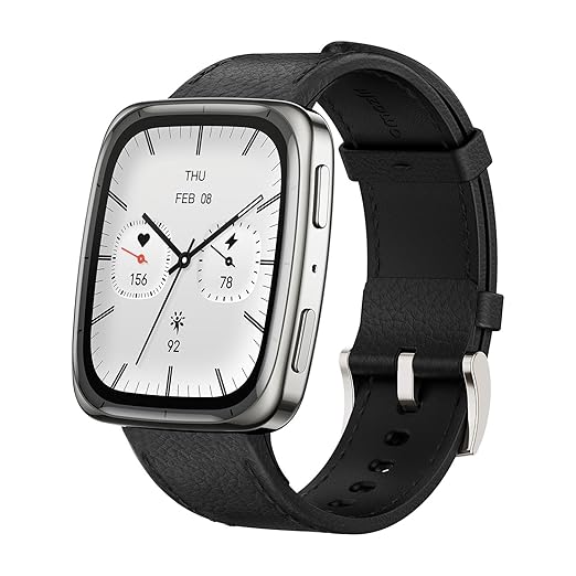 Amazfit Active 2 Square (Smartchoice), 2000 Nits Bright AMOLED Display, Built in GPS, 10Day Battery, Android & iPhone, Accurate Readings, BT Call, Sleep Monitor, 5ATM Water Resistant, Black Leather