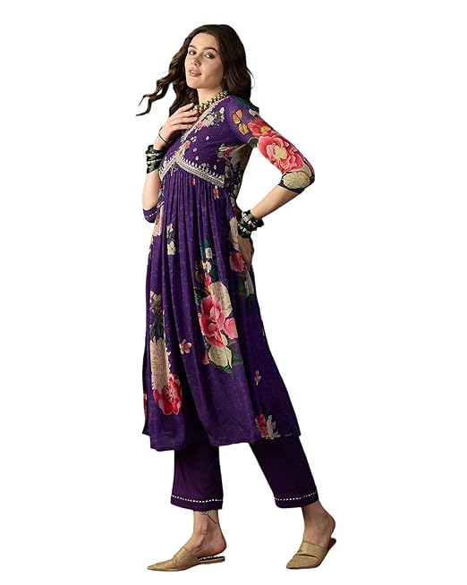 Amazon Brand - Tavasya Women Zari Sequence Embroidered Alia Cut Kurta with Pant Set | Kurta Set | Ethnic Wear
