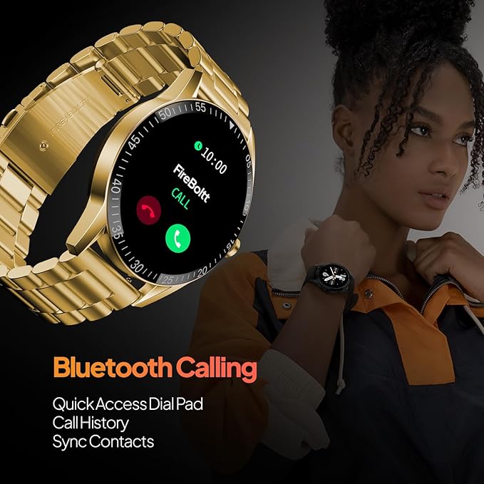 Fire-Boltt Talk Round Smart Watch 1.39″ TFT Display with Bluetooth Calling, Dual Button, Voice Assistance, SPO₂ & Heart Rate Monitor, 120+ Sports Modes, Metal Smartwatch for Men & Women - Gold