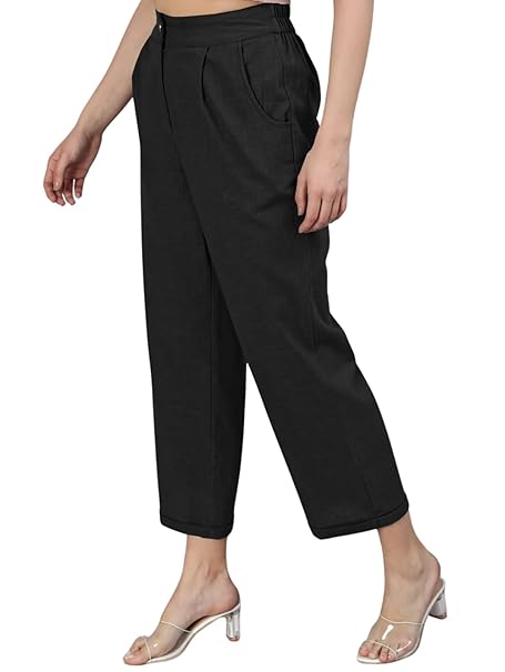 Leriya Fashion Linen Ankle Length Casual Trousers for Women | Regular Fit Linen Pants Women with Clip & Zipper Closure | Loose Fit Pants for Women