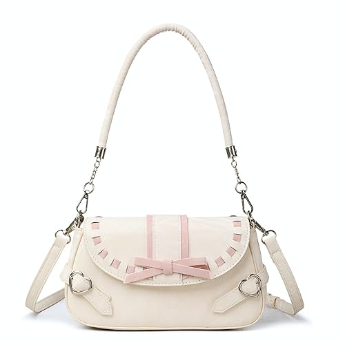 Diva Dale Women's Shoulder Bag, Cream with Pink Accents, Studded Design, Heart Hardware, Adjustable Strap