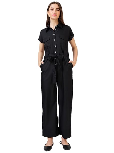 Globus Women Olive Solid Shirt Collar Jumpsuit with Waist Tie-Up-3638458001