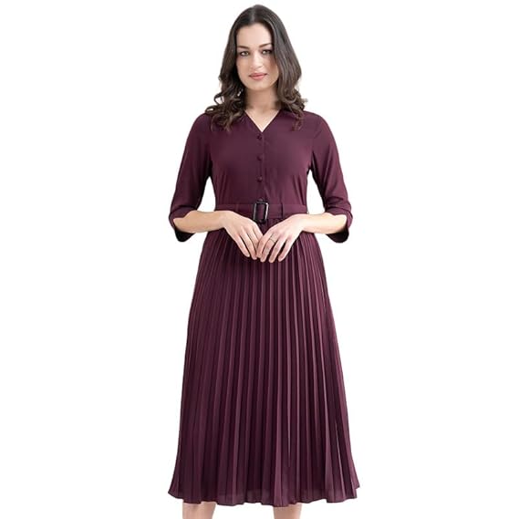 FableStreet Women's Casual A-line Striped Maroon Shirt Dress