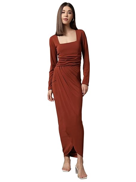 Trend Arrest.ed Women's Bodycon Midi Dress | Square Neck Wrap Style | Stretchable | Full Sleeve Fitted Dress for Party, Evening, Casual Outings & Date Night