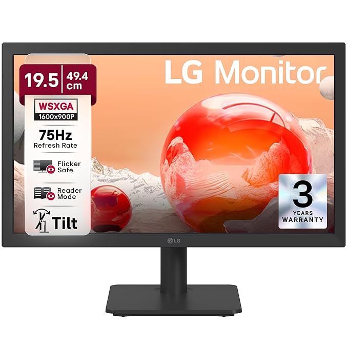 LG 20U401 49.5 cm (19.5 Inch) HD (1600x900) Monitor, 75Hz, 2ms(GTG), Reader Mode, Flicker Safe, Smart Energy Saving, HDMI, D-Sub, Headphone Out, Tilt Adjustable Stand, 3 Years onsite Warranty (Black)