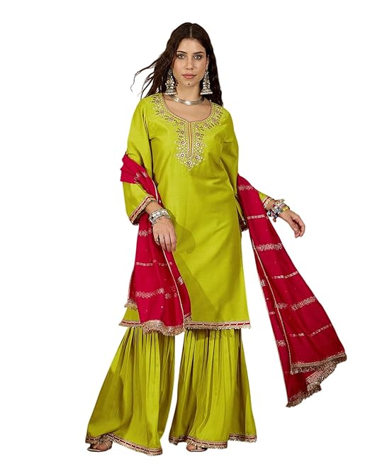 Amazon Brand - Tavasya Women Silk Blend Zari Sequence and Thread Embroidered Kurta with Sharara Set |Ethnic Wear