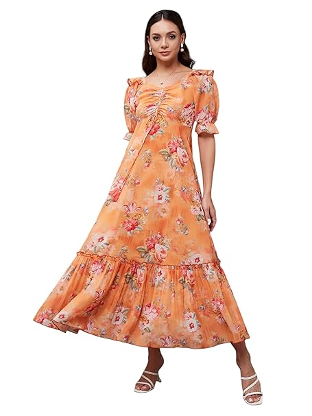 Miss Chase Women's Multicolored-Base-Brown Relaxed Fit Maxi Lurex Chiffon Dress