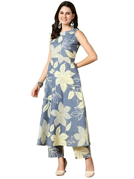 Amazon Brand - Tavasya Women Rayon Anarkali Kurta Pant Set | Floral Printed Ethnic Kurta Set | Sleeveless Flared Anarkali Kurta with Pant | Casual