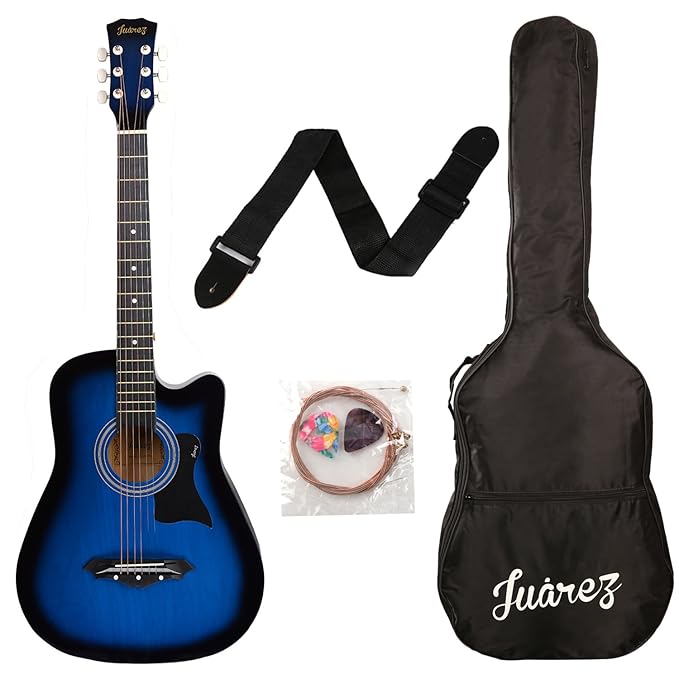 Juarez Lindenwood Acoustic Guitar Kit, JRZ38C/TBS 38 Inches Cutaway, 38C With Bag, Strings, Pick And Strap, TBS Transparent (Blue Sunburst)