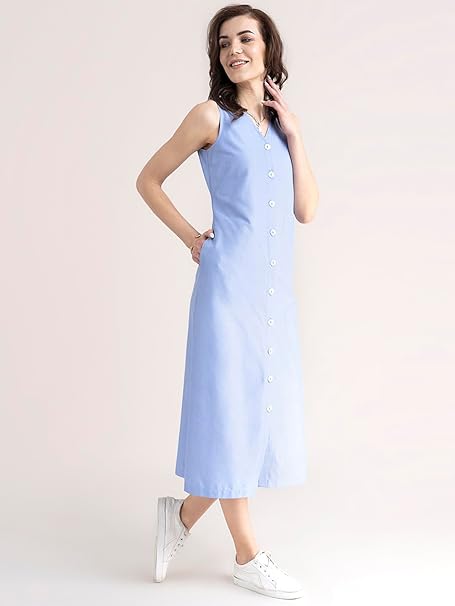 FableStreet Women Casual Midi Cotton Button Down A-Line Dress | Button Down Flowly Dress Perfect for Outings