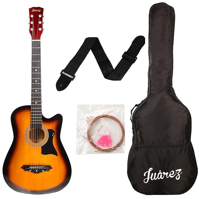 Juarez Lindenwood Acoustic Guitar Kit, JRZ38C/3TS 38 Inches Cutaway, 38C With Bag, Strings, Picks And Strap, 3TS Sunburst