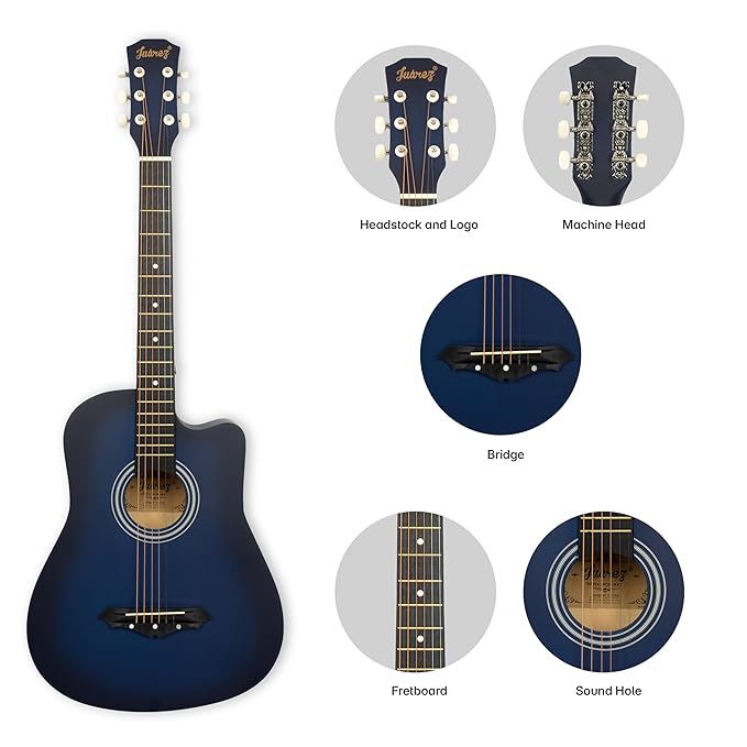 Juarez JRZ38C 38 Inch Cutaway Acoustic Guitar (Matte Blue Sunburst) | Linden Wood Body | Catalpa Neck | Guitar Kit with Bag, Strap, Spare Strings & Picks